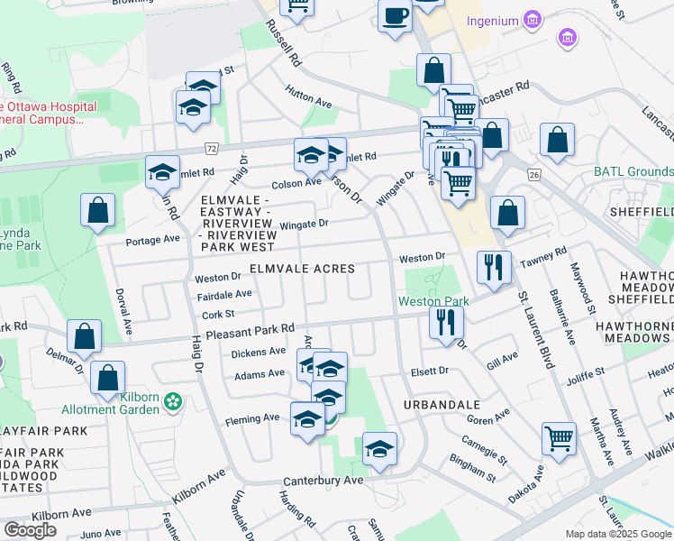 map of restaurants, bars, coffee shops, grocery stores, and more near 866 Weston Drive in Ottawa
