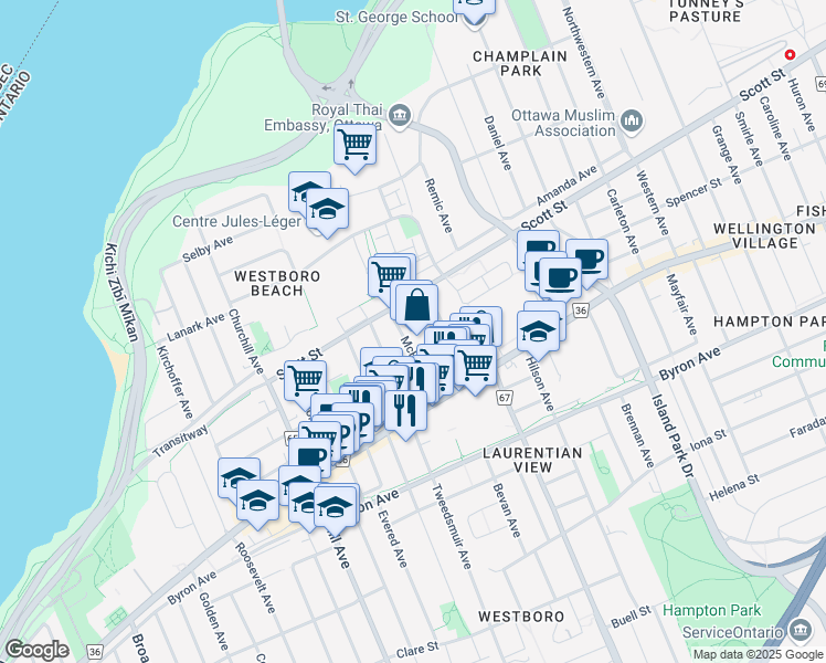 map of restaurants, bars, coffee shops, grocery stores, and more near 1960 Scott Street in Ottawa