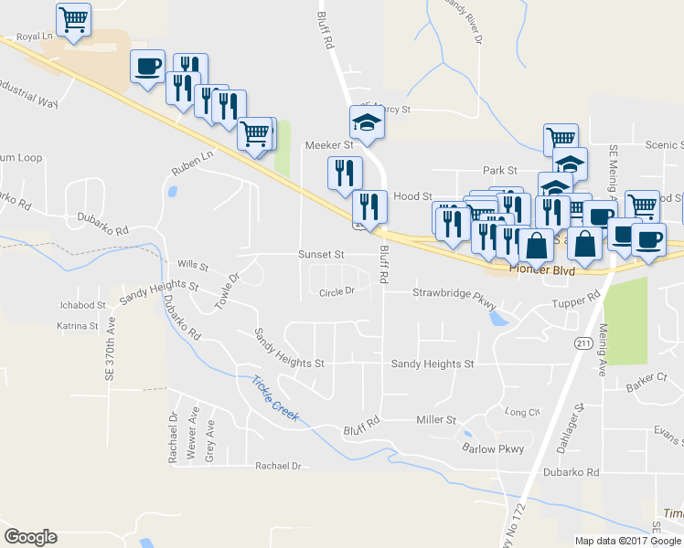 map of restaurants, bars, coffee shops, grocery stores, and more near Circle Drive in Sandy