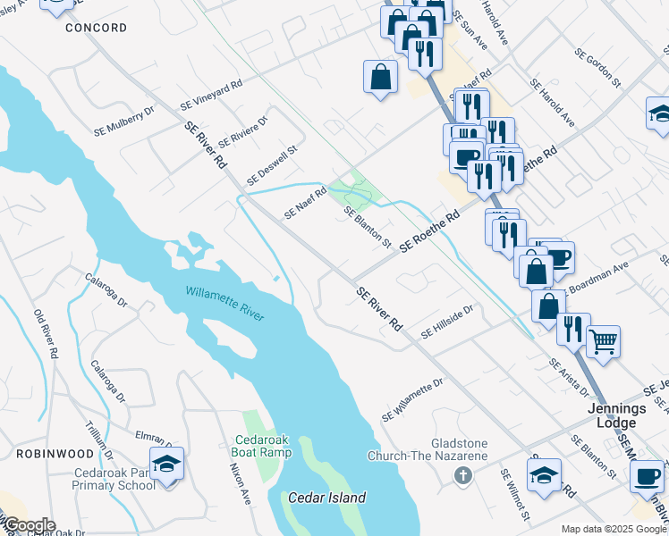 map of restaurants, bars, coffee shops, grocery stores, and more near 19224 Southeast River Road in Portland