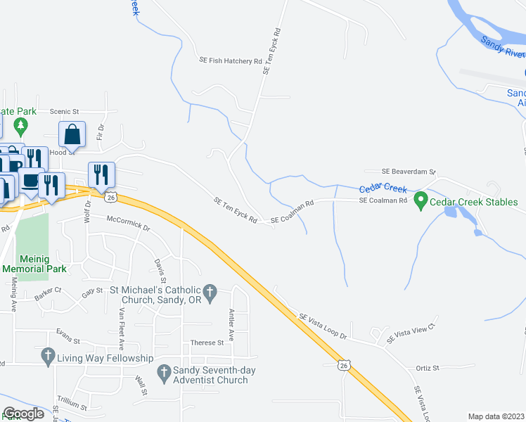 map of restaurants, bars, coffee shops, grocery stores, and more near 17580 Southeast Ten Eyck Road in Sandy