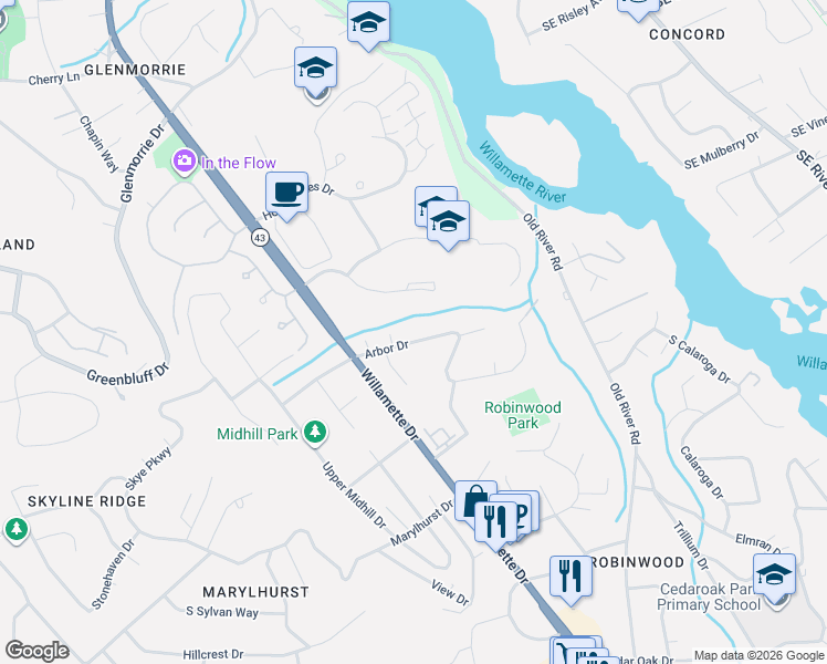 map of restaurants, bars, coffee shops, grocery stores, and more near 2860 Arbor Drive in West Linn