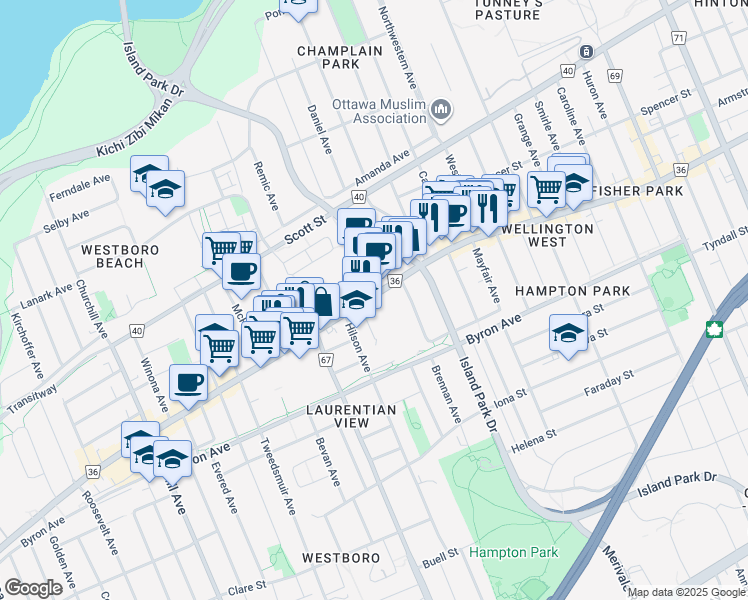 map of restaurants, bars, coffee shops, grocery stores, and more near 98 Richmond Road in Ottawa