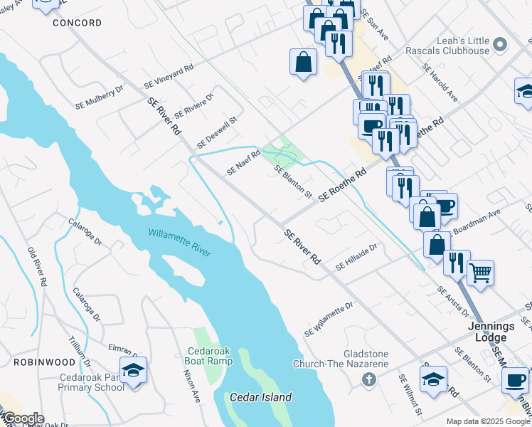 map of restaurants, bars, coffee shops, grocery stores, and more near Southeast River Road in Milwaukie