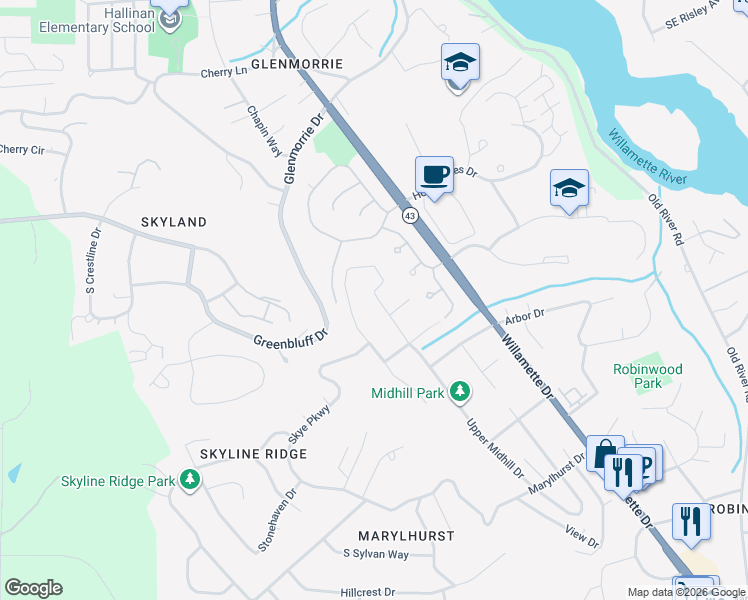 map of restaurants, bars, coffee shops, grocery stores, and more near 18095 Upper Midhill Drive in West Linn