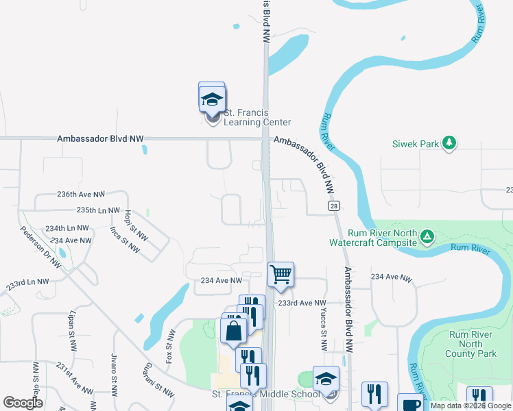 map of restaurants, bars, coffee shops, grocery stores, and more near 23515 DeGardner Circle Northwest in Saint Francis