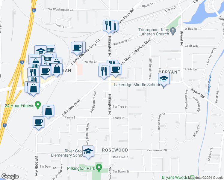 map of restaurants, bars, coffee shops, grocery stores, and more near 17872 Pilkington Road in Lake Oswego