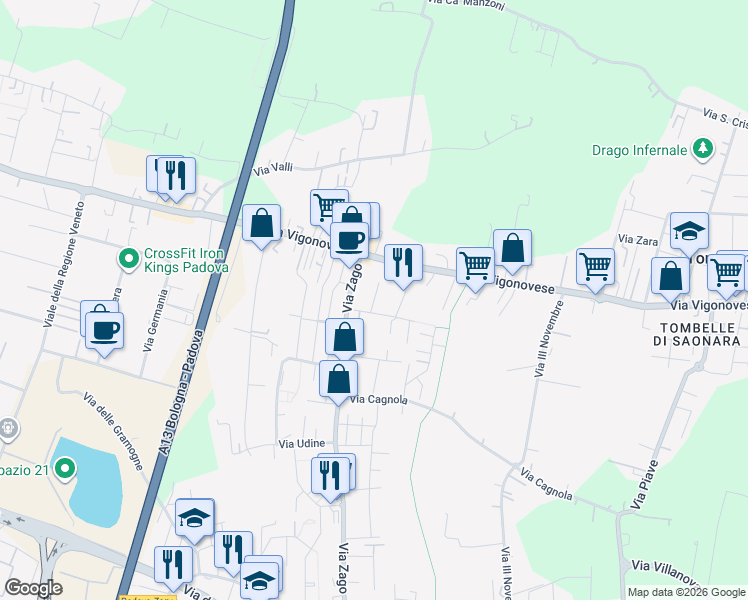 map of restaurants, bars, coffee shops, grocery stores, and more near 6 Via Parma in Villatora