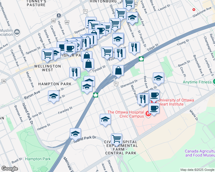 map of restaurants, bars, coffee shops, grocery stores, and more near 170 Hamilton Avenue South in Ottawa