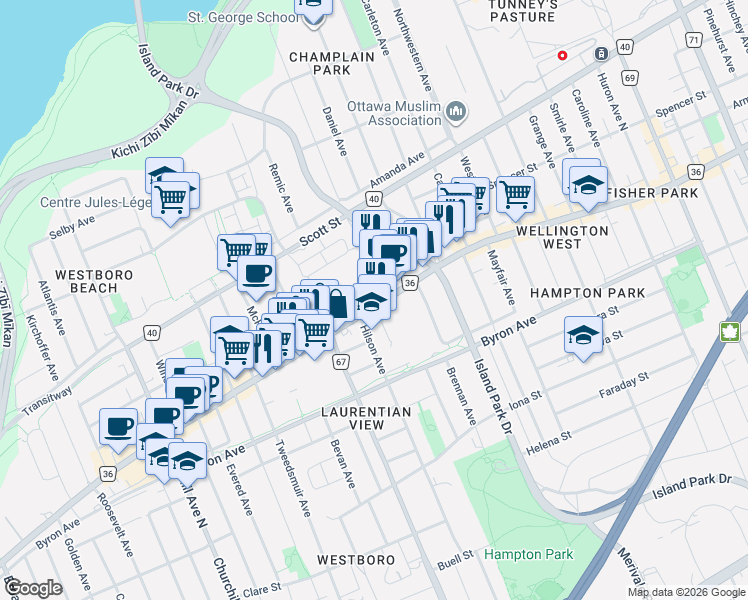 map of restaurants, bars, coffee shops, grocery stores, and more near 111 Richmond Road in Ottawa