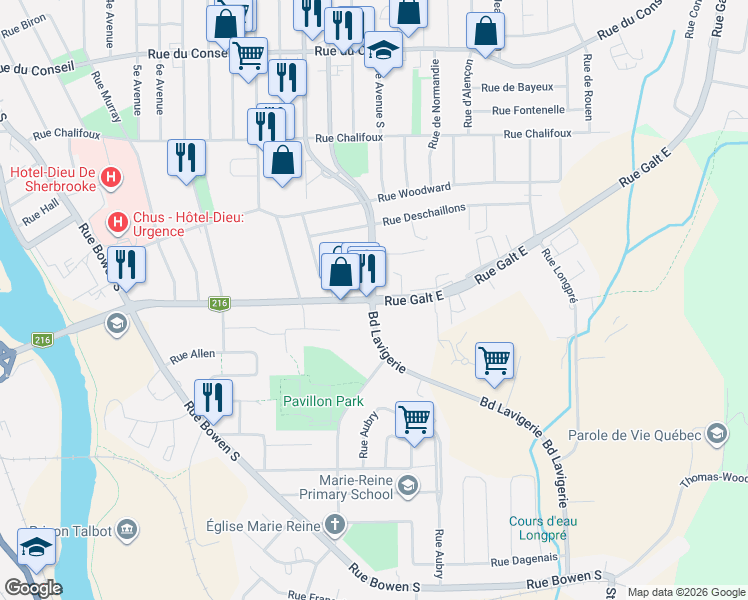 map of restaurants, bars, coffee shops, grocery stores, and more near Rue Galt Est in Sherbrooke