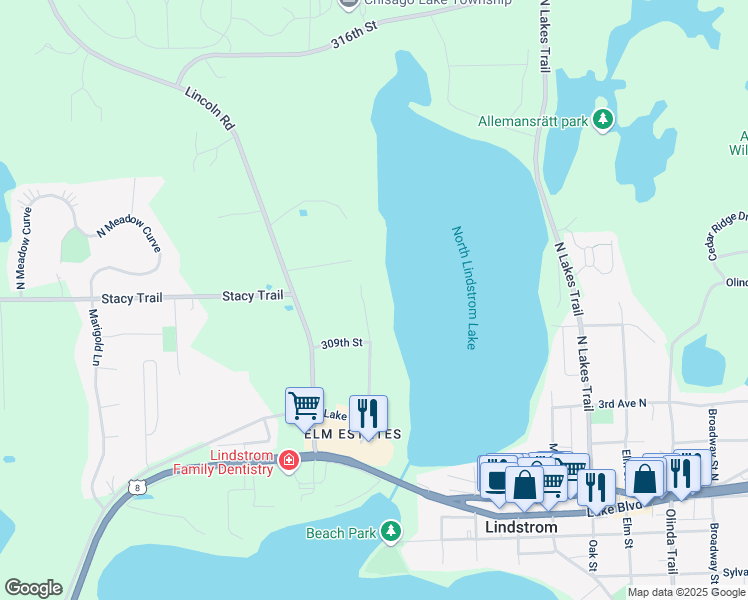map of restaurants, bars, coffee shops, grocery stores, and more near 30975 Minnesota Avenue in Lindstrom