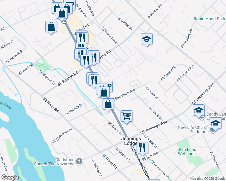 map of restaurants, bars, coffee shops, grocery stores, and more near 4707 Southeast Boardman Avenue in Portland