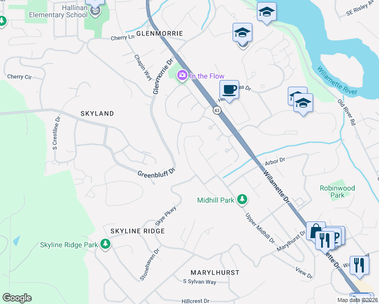 map of restaurants, bars, coffee shops, grocery stores, and more near 17667 Hillside Drive in West Linn