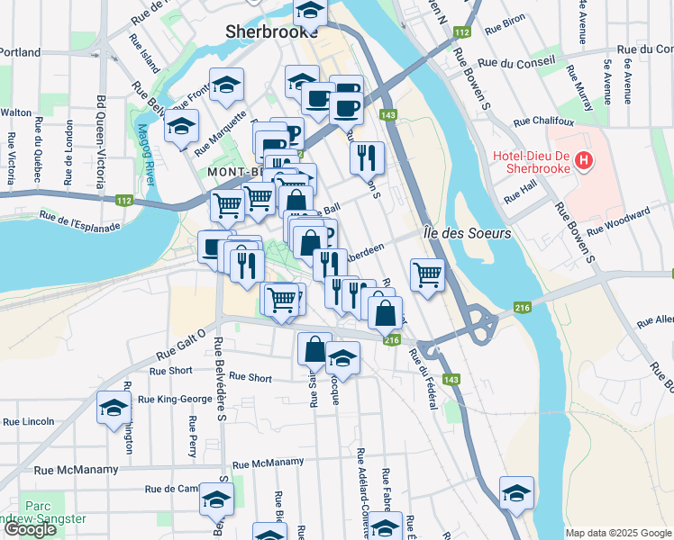 map of restaurants, bars, coffee shops, grocery stores, and more near in Sherbrooke