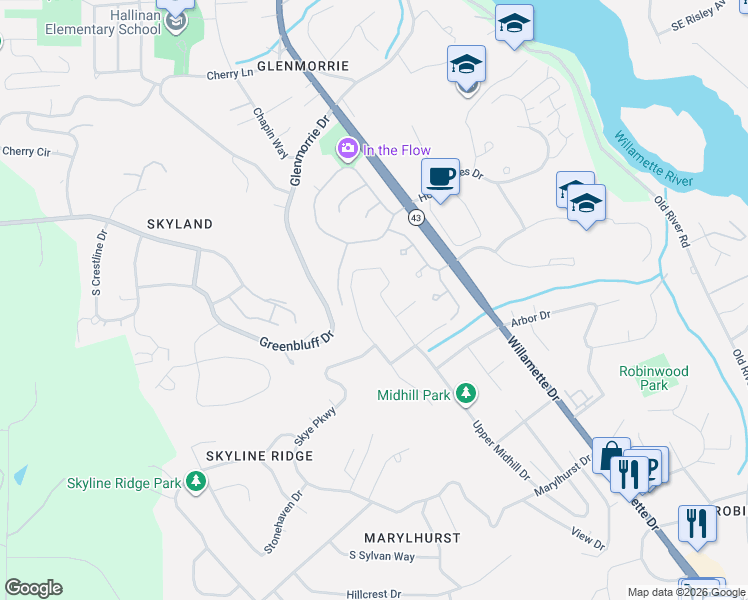 map of restaurants, bars, coffee shops, grocery stores, and more near 18032 Upper Midhill Drive in West Linn