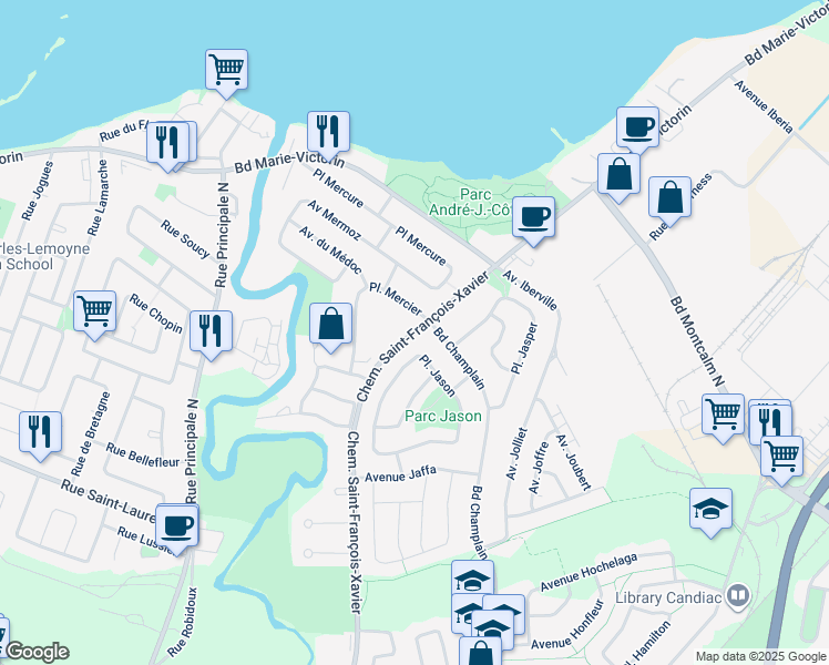 map of restaurants, bars, coffee shops, grocery stores, and more near 18 Chemin Saint-François-Xavier in Candiac