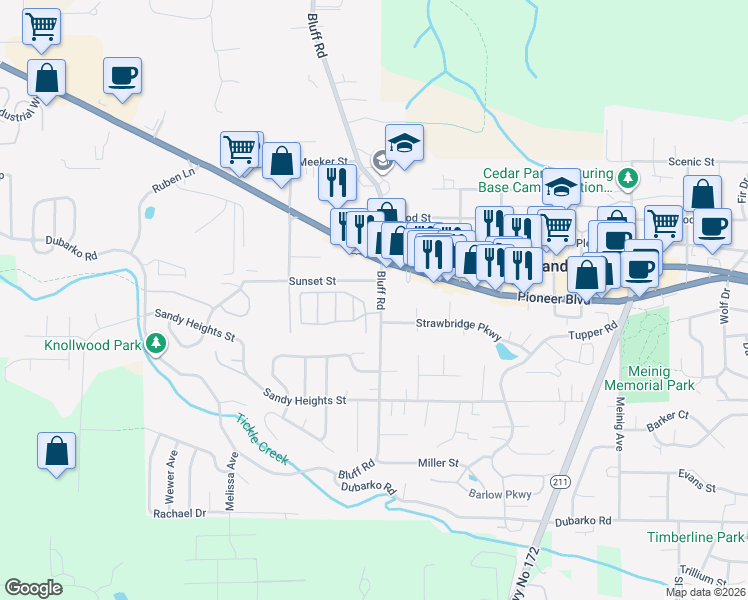 map of restaurants, bars, coffee shops, grocery stores, and more near 17585 Bluff Road in Sandy