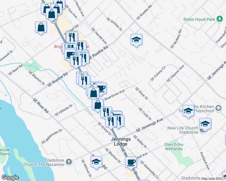 map of restaurants, bars, coffee shops, grocery stores, and more near 4912 Southeast Boardman Avenue in Portland