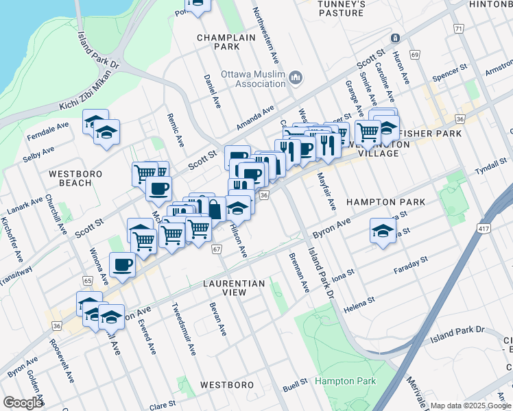 map of restaurants, bars, coffee shops, grocery stores, and more near in Ottawa