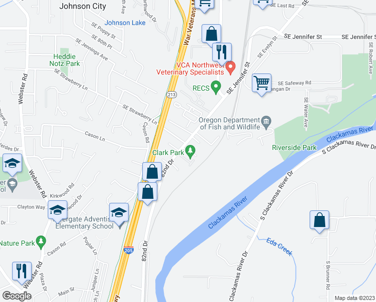 map of restaurants, bars, coffee shops, grocery stores, and more near 17442 Southeast 82nd Drive in Clackamas