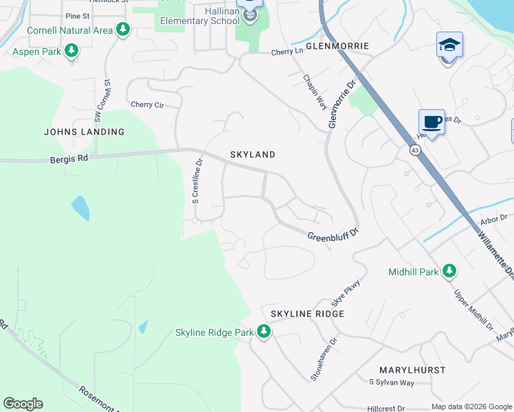 map of restaurants, bars, coffee shops, grocery stores, and more near 18740 Greenbluff Drive in Lake Oswego