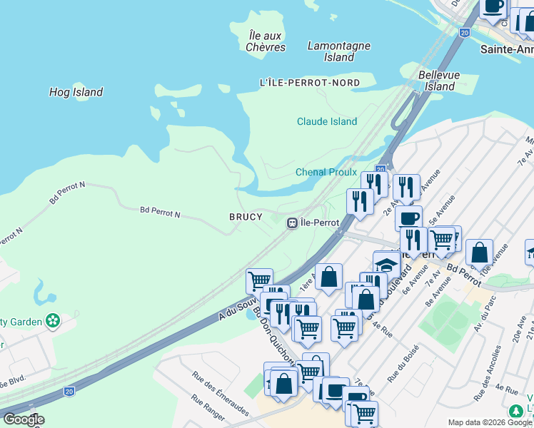 map of restaurants, bars, coffee shops, grocery stores, and more near 27 Boulevard Perrot Nord in L'Île-Perrot
