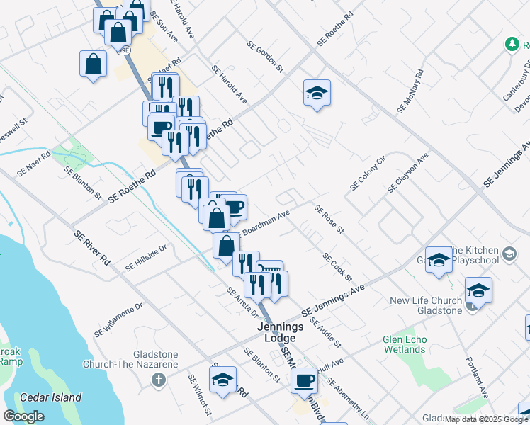 map of restaurants, bars, coffee shops, grocery stores, and more near 4807 Southeast Boardman Avenue in Portland