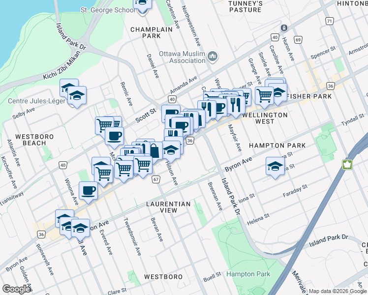 map of restaurants, bars, coffee shops, grocery stores, and more near 95 Richmond Road in Ottawa