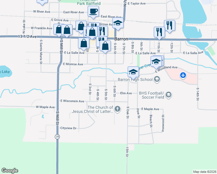 map of restaurants, bars, coffee shops, grocery stores, and more near 426 South 5th Street in Barron
