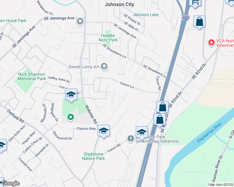 map of restaurants, bars, coffee shops, grocery stores, and more near 17310 Southeast Timothy Way in Gladstone
