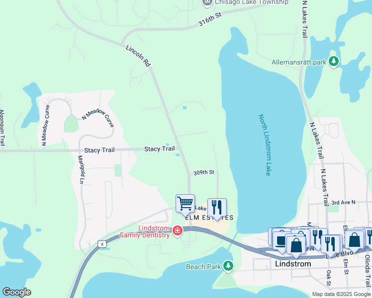 map of restaurants, bars, coffee shops, grocery stores, and more near 31001 Lincoln Road in Lindstrom