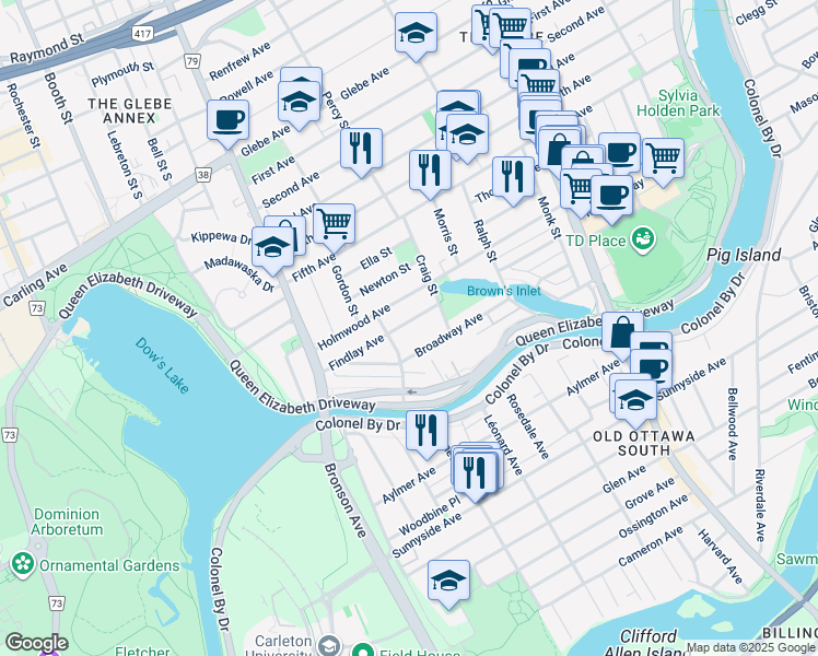 map of restaurants, bars, coffee shops, grocery stores, and more near 20 Findlay Avenue in Ottawa
