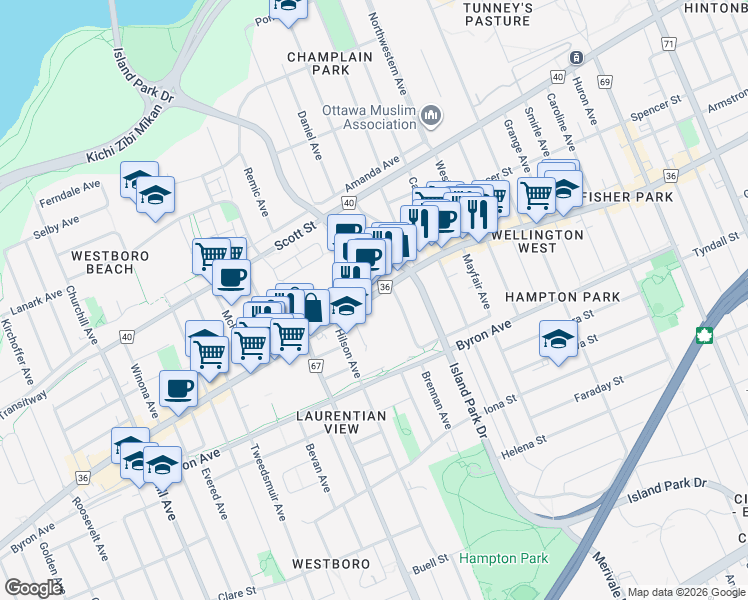 map of restaurants, bars, coffee shops, grocery stores, and more near 98 Richmond Road in Ottawa