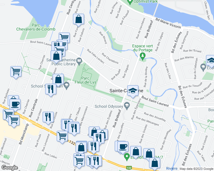 map of restaurants, bars, coffee shops, grocery stores, and more near Place Leblanc in Sainte-Catherine