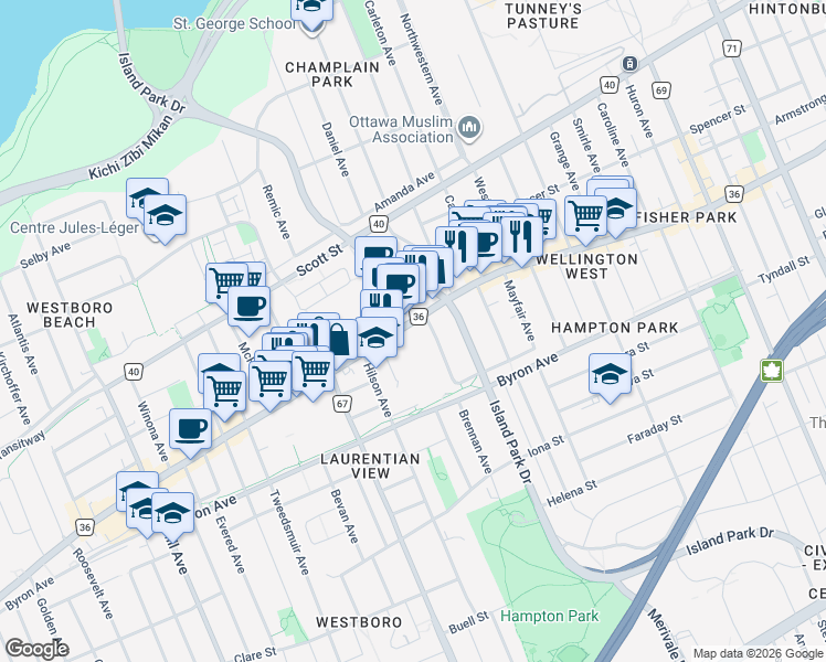 map of restaurants, bars, coffee shops, grocery stores, and more near 88 Richmond Road in Ottawa