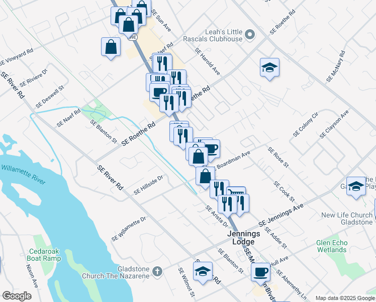 map of restaurants, bars, coffee shops, grocery stores, and more near 17497 Southeast McLoughlin Boulevard in Milwaukie