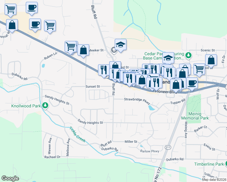 map of restaurants, bars, coffee shops, grocery stores, and more near 17585 Bluff Road in Sandy