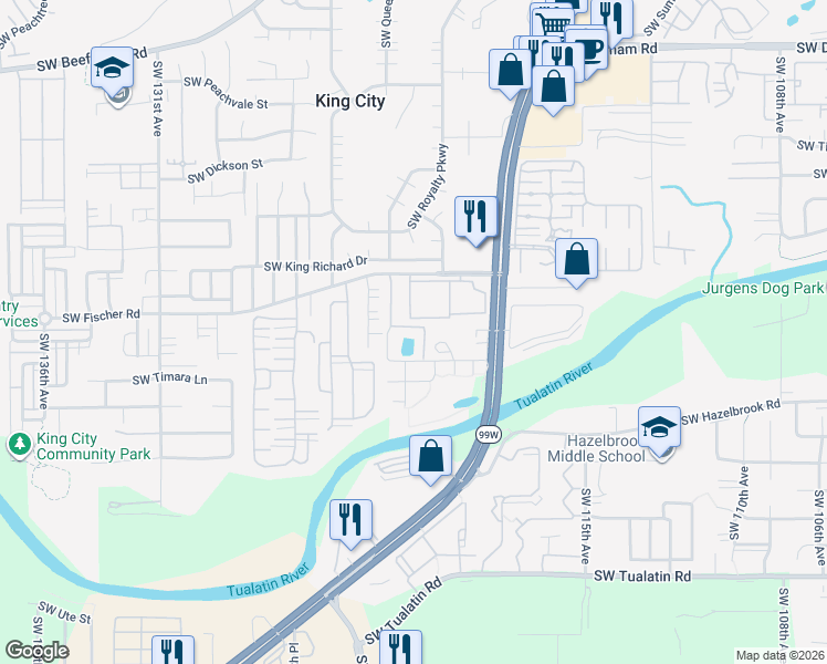 map of restaurants, bars, coffee shops, grocery stores, and more near 17113 Southwest Versailles Lane in Tigard
