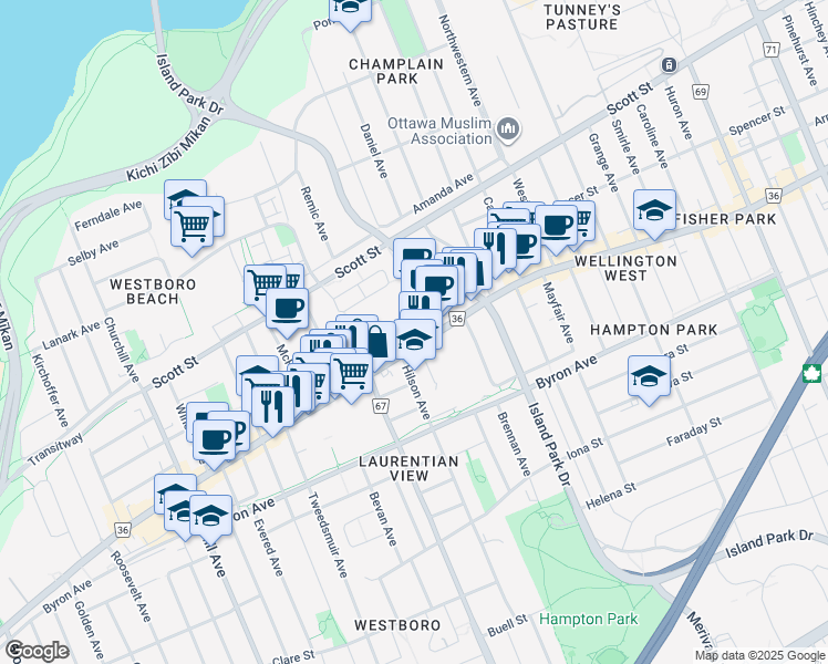map of restaurants, bars, coffee shops, grocery stores, and more near in Ottawa