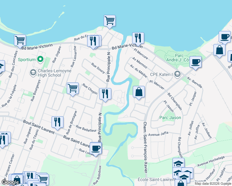 map of restaurants, bars, coffee shops, grocery stores, and more near 7 Rue Desrochers in Delson