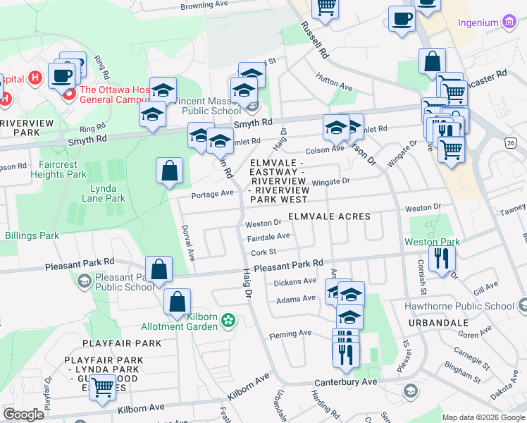 map of restaurants, bars, coffee shops, grocery stores, and more near 748 Chapman Boulevard in Ottawa