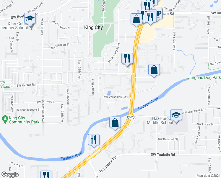 map of restaurants, bars, coffee shops, grocery stores, and more near 17027 Southwest Versailles Lane in King City