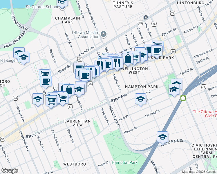map of restaurants, bars, coffee shops, grocery stores, and more near 396 Piccadilly Avenue in Ottawa