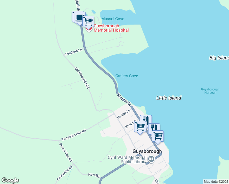 map of restaurants, bars, coffee shops, grocery stores, and more near 209 Main Street in Guysborough
