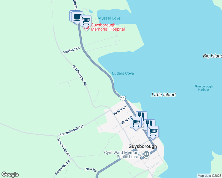 map of restaurants, bars, coffee shops, grocery stores, and more near 209 Main Street in Guysborough