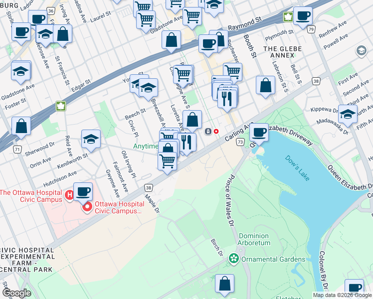 map of restaurants, bars, coffee shops, grocery stores, and more near 330 Loretta Avenue South in Ottawa