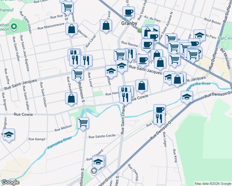 map of restaurants, bars, coffee shops, grocery stores, and more near 430 Rue Horner in Granby