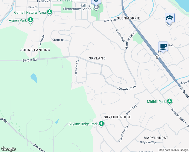 map of restaurants, bars, coffee shops, grocery stores, and more near 18820 Greenbluff Drive in Lake Oswego