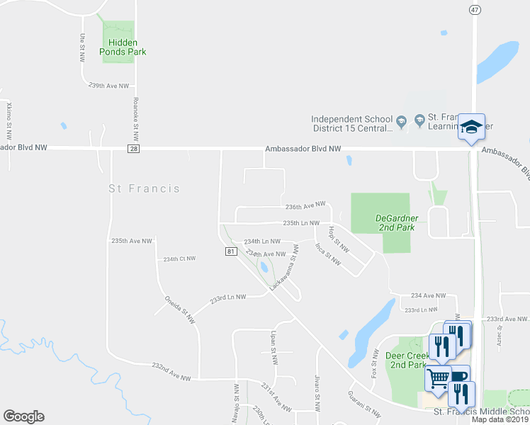map of restaurants, bars, coffee shops, grocery stores, and more near 4311 235th Lane Northwest in Saint Francis